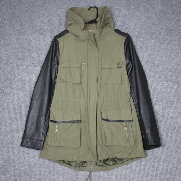 Steve Madden Women Olive Green Faux Leather Sleeve Anorak Utility Parka Jacket L - Picture 4 of 9